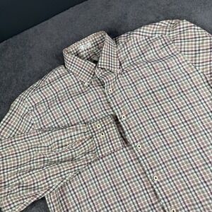 Peter Millar Mens Long Sleeve Button Up Large Brown Green Plaid Pocket Cotton